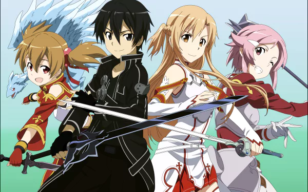 HD desktop wallpaper featuring anime characters Lisbeth, Asuna Yuuki, Kirito, and Silica from Sword Art Online, all posing with their weapons.