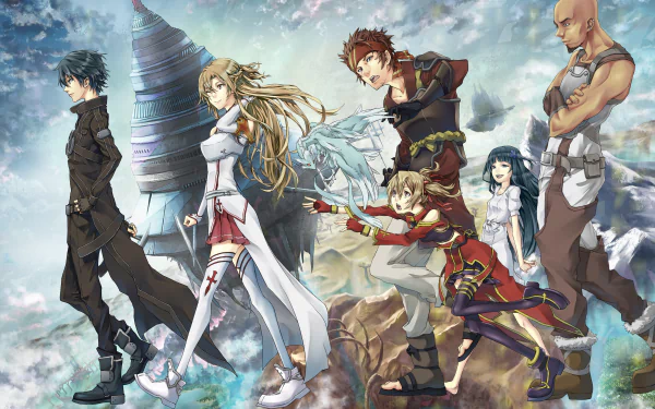 HD desktop wallpaper featuring characters from Sword Art Online: Kirito, Asuna Yuuki, Klein, Silica, Yui, and Agil, with Aincrad in the background. The image showcases the anime's vibrant and adventurous theme.