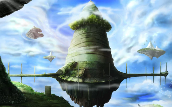 A serene landscape from Aincrad in Sword Art Online, featuring a towering structure surrounded by floating islands and a vibrant sky, presented in stunning HD quality for a desktop wallpaper.
