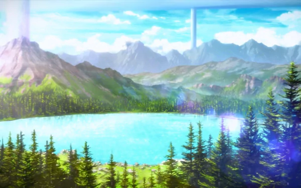 HD desktop wallpaper of Aincrad from Sword Art Online, featuring a picturesque landscape with a serene lake, lush forests, and distant mountains under a bright sky.
