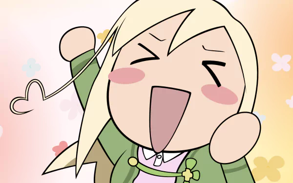 Chibi Takano Miyo from Higurashi When They Cry laughing with arms raised, heart-shaped hair loop and green outfit on a soft pastel background — HD PC desktop wallpaper.