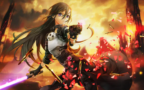 HD wallpaper featuring Kazuto Kirigaya, known as Kirito from Sword Art Online II, wielding a gun and a sword amidst a vibrant, dynamic background.
