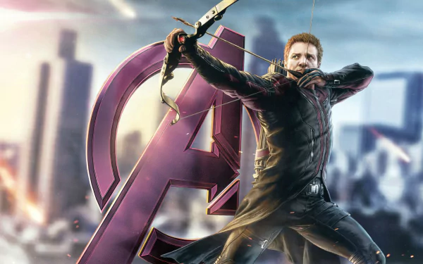 A dynamic HD wallpaper featuring Hawkeye, portrayed by Jeremy Renner, aiming his bow against a backdrop of the Avengers logo and a city skyline.