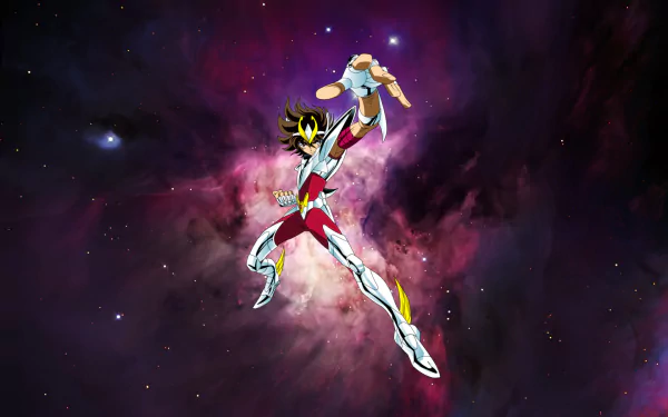 HD PC desktop wallpaper featuring an anime character from Saint Seiya, striking a dynamic pose against a vivid cosmic background.