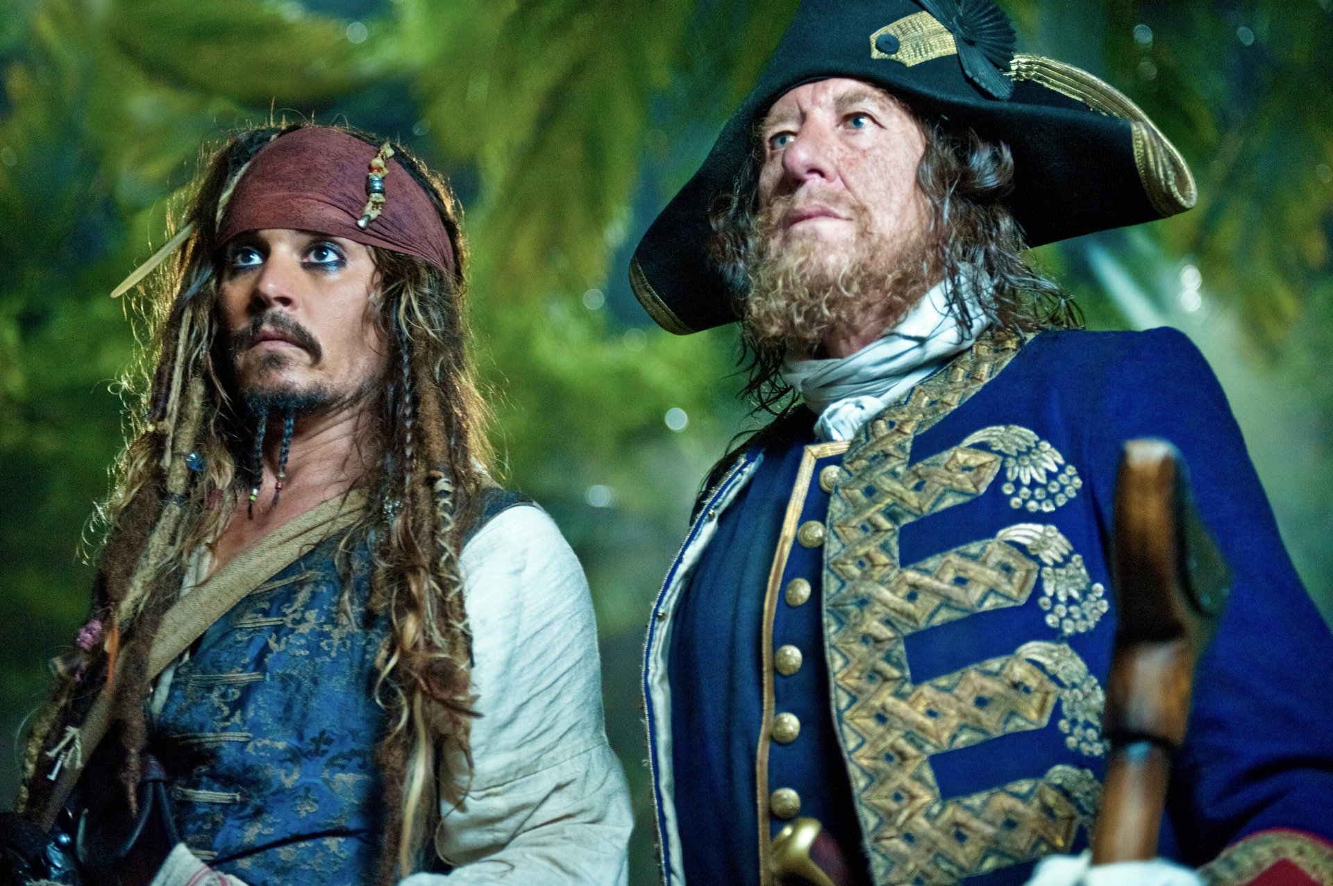 Hector Barbossa and Jack Sparrow, portrayed by Geoffrey Rush and Johnny Depp, stand in character from Pirates of the Caribbean: On Stranger Tides in a 4K Ultra HD desktop wallpaper.