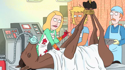 HD desktop wallpaper from the TV show Rick and Morty featuring Beth Smith attending to a horse tied up on a medical table.