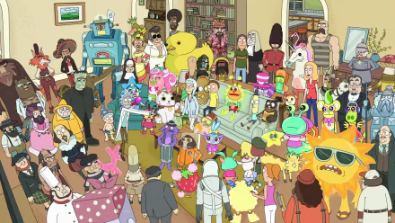 A vibrant HD wallpaper featuring an array of characters from the TV show Rick and Morty, showcasing a chaotic gathering in a lively room filled with unique personalities.