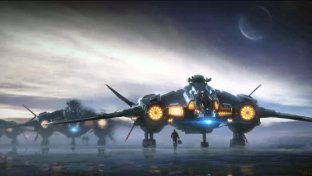 HD desktop wallpaper and background depicting a scene from the video game Star Citizen, featuring futuristic spacecraft lined up on a foggy platform under an ethereal sky with a visible planet.