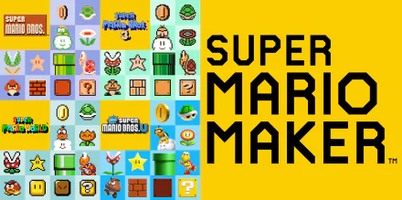 HD desktop wallpaper for Super Mario Maker with iconic game elements and logo on a yellow background.