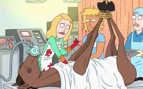 HD desktop wallpaper from the TV show Rick and Morty featuring Beth Smith attending to a horse tied up on a medical table.