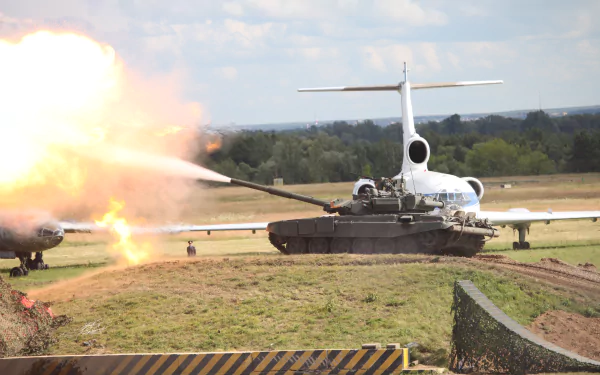 A T-90 military tank fires its main gun, set against a dynamic background showcasing military action. This striking image serves as a 4K Ultra HD desktop wallpaper.