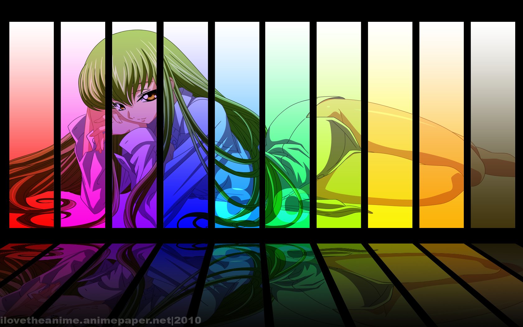HD PC desktop wallpaper featuring C.C. from Code Geass in a colorful, segmented design with vibrant rainbow hues and reflective floor details.