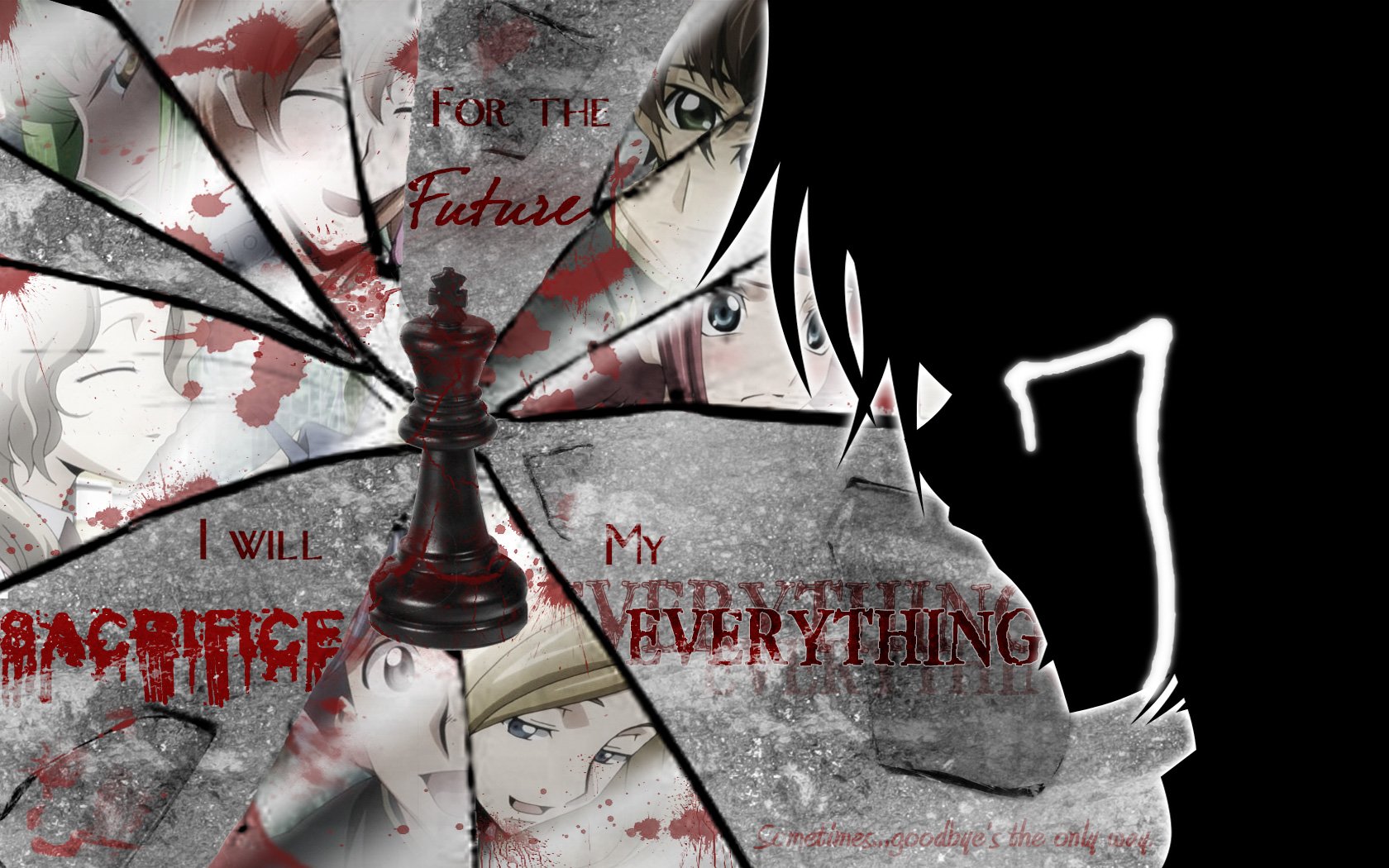 Anime Code Geass HD PC desktop wallpaper background showing a broken-glass collage: central chess king, blood splatters, character faces and a dark silhouetted figure.