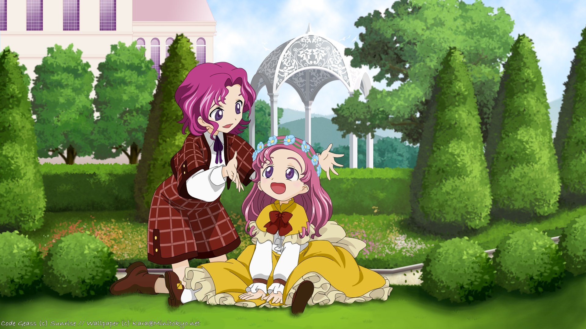 Cornelia and Euphemia Li Britannia from Code Geass, anime sisters in period dresses sitting on a garden lawn beneath a white gazebo — HD PC desktop wallpaper.
