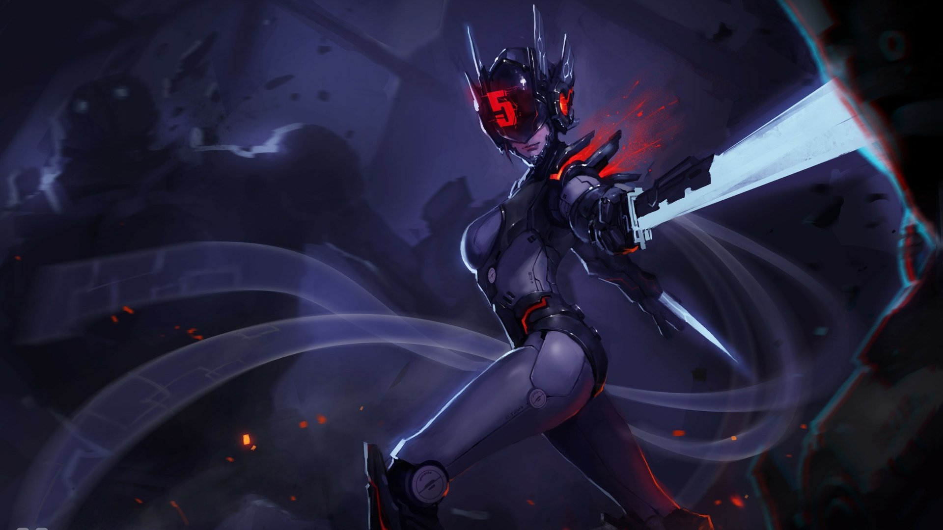 HD desktop wallpaper featuring Fiora from League of Legends, depicted in a dark, futuristic setting, wielding a glowing sword. The artwork emphasizes Fiora's agility and determination, representing the Demacia faction.