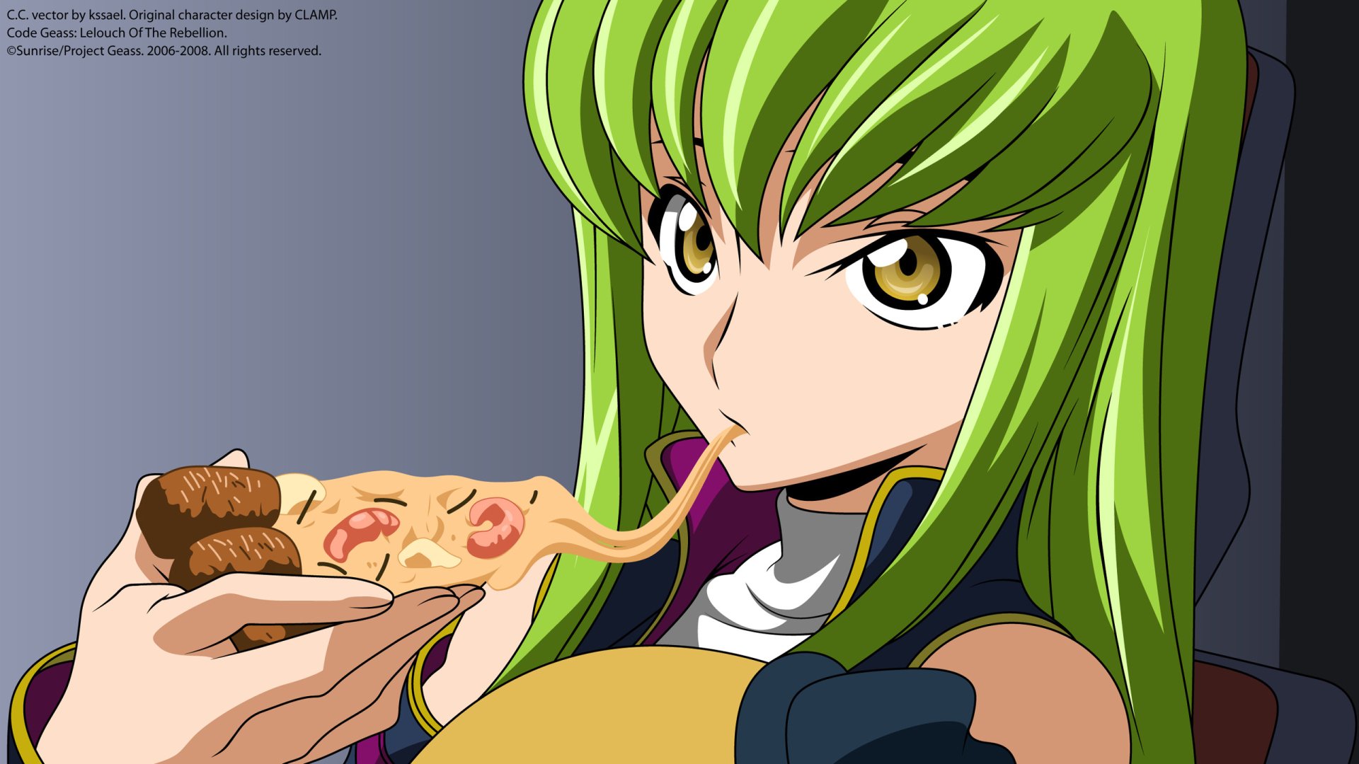 C.C. (Code Geass) anime wallpaper: green‑haired C.C. close-up eating pizza, slurping a cheese strand — 2K Quad HD PC desktop background.
