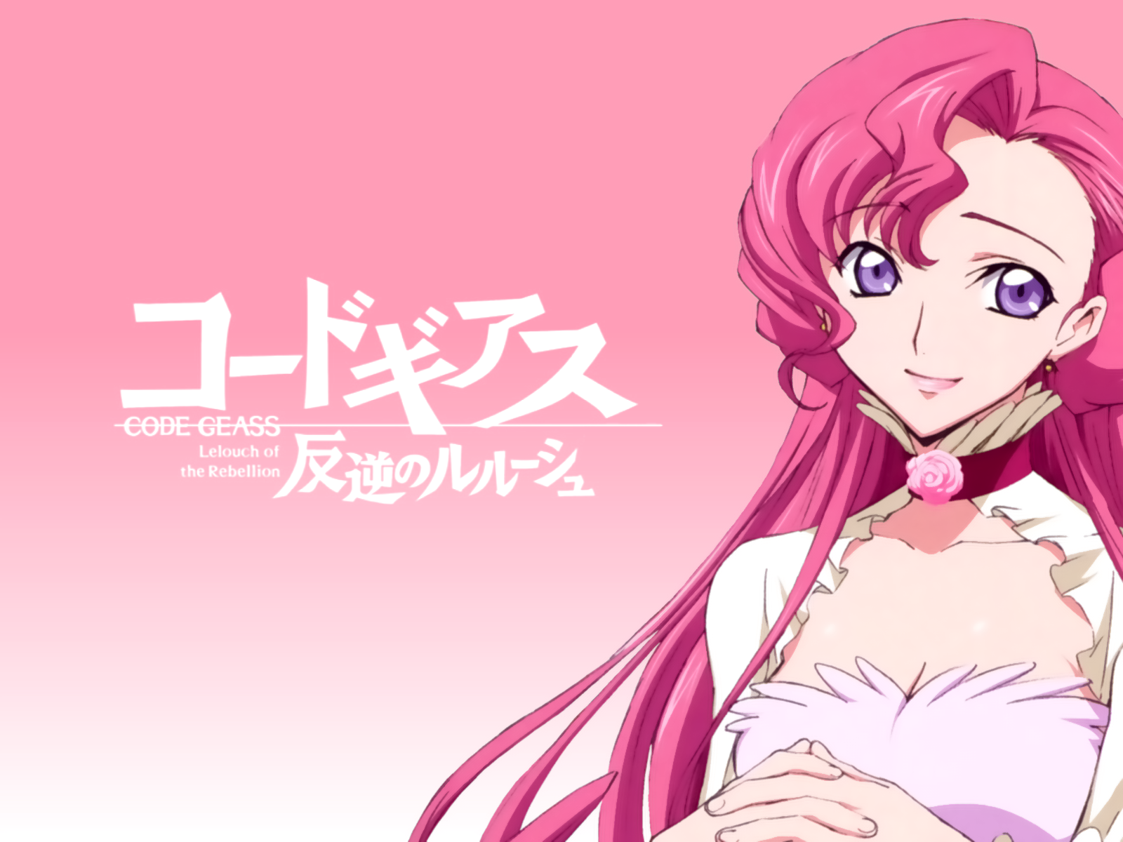 Euphemia Li Britannia from Code Geass anime — HD PC desktop wallpaper: right-side portrait on pink gradient, long pink hair, white gown, soft smile, Japanese series logo.