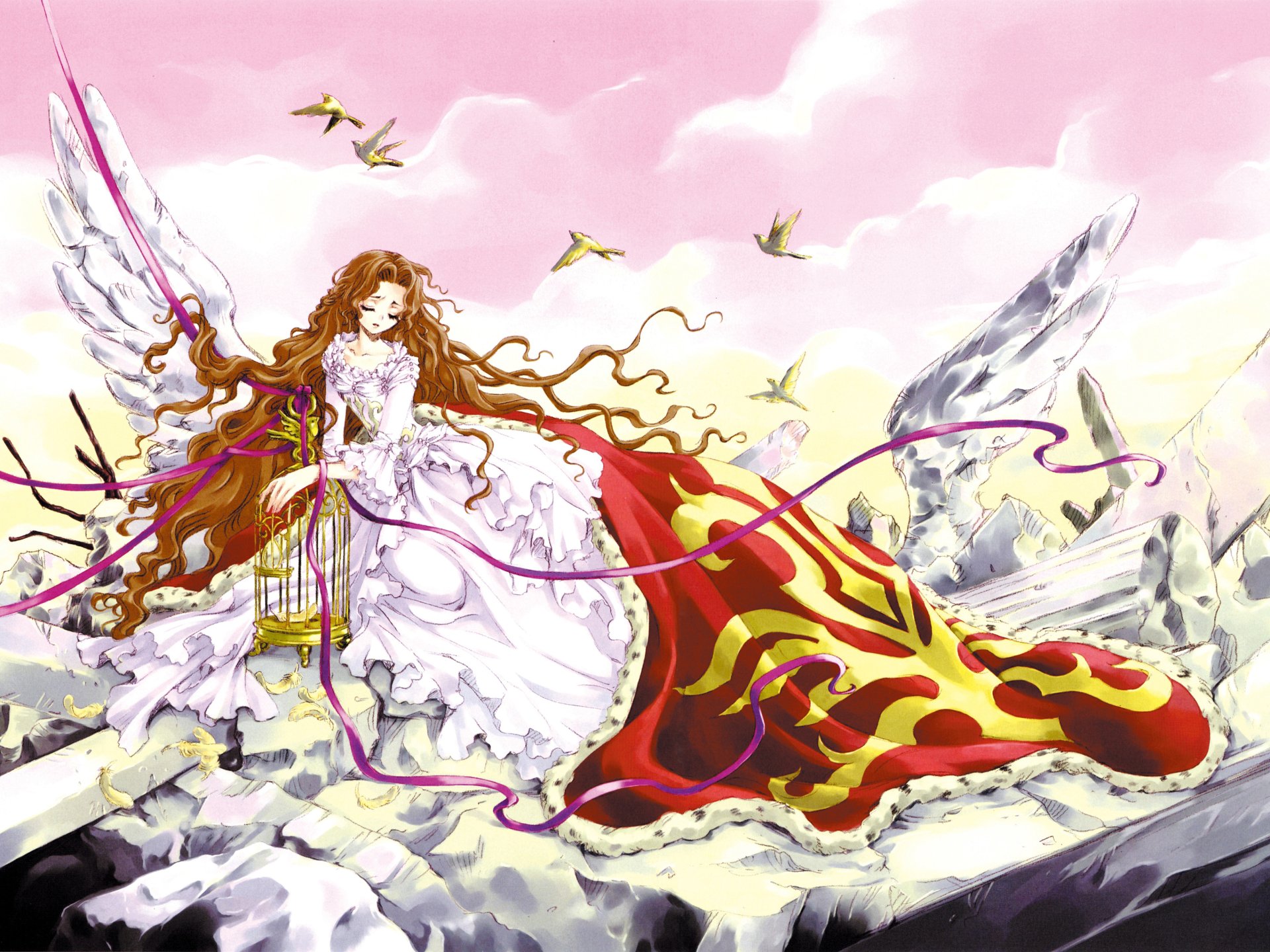 Nunnally Lamperouge from Code Geass depicted as an angelic figure with flowing hair and gown, set against a soft pastel sky in this 4K Ultra HD anime desktop wallpaper.