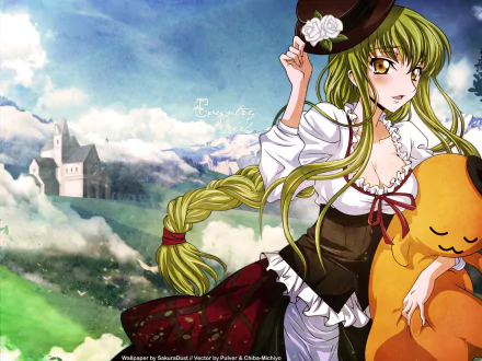 HD anime desktop wallpaper featuring C.C. from Code Geass with flowing green hair, a white and brown outfit, holding a plush toy against a scenic backdrop of castle and clouds.