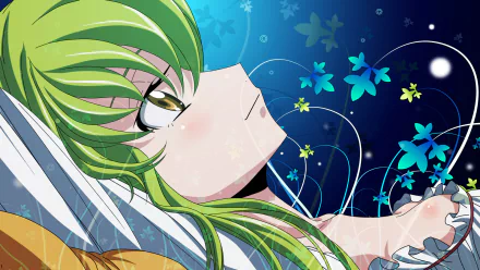 HD anime desktop wallpaper featuring C.C. from Code Geass with green hair, gazing upward against a blue background adorned with glowing butterflies and floral motifs.