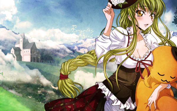 HD anime desktop wallpaper featuring C.C. from Code Geass with flowing green hair, a white and brown outfit, holding a plush toy against a scenic backdrop of castle and clouds.