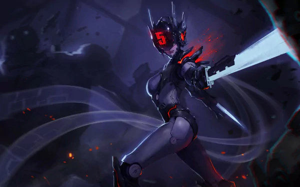 HD desktop wallpaper featuring Fiora from League of Legends, depicted in a dark, futuristic setting, wielding a glowing sword. The artwork emphasizes Fiora's agility and determination, representing the Demacia faction.
