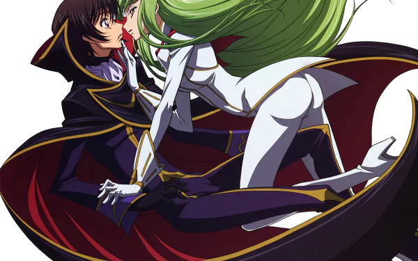 A high-definition desktop wallpaper featuring Lelouch Lamperouge and C.C. from Code Geass, showcasing their intense connection in striking anime art.