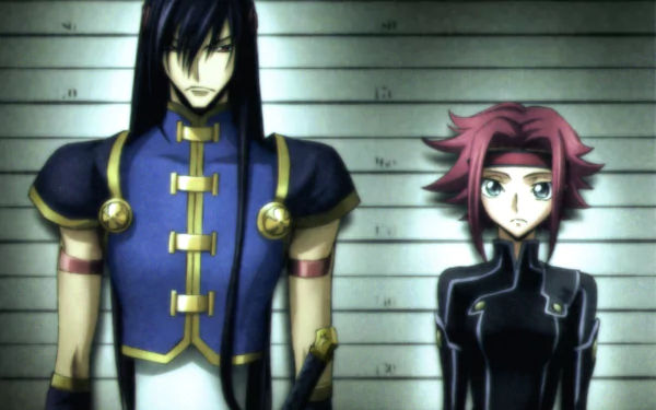 HD anime wallpaper featuring Li Xingke and Kallen Kōzuki from Code Geass standing side by side against a height measurement background.