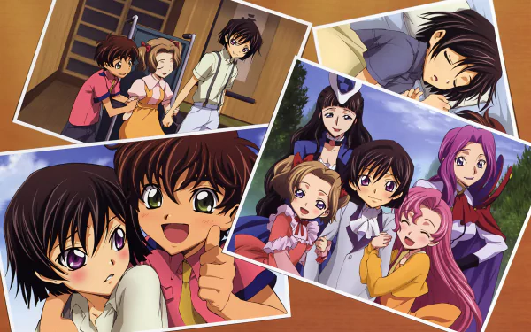 Collage of Cornelia Li Britannia, Euphemia Li Britannia, Rolo, Lelouch, and Nunnally Lamperouge from Code Geass in vibrant 4K Ultra HD anime style PC wallpaper.
