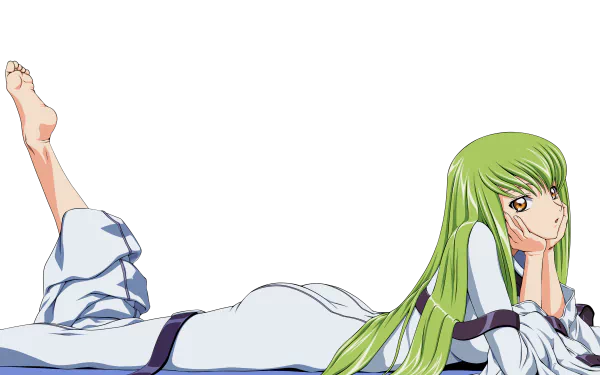 4K Ultra HD desktop wallpaper featuring C.C. from the anime Code Geass, showcasing her relaxed pose and signature long green hair.