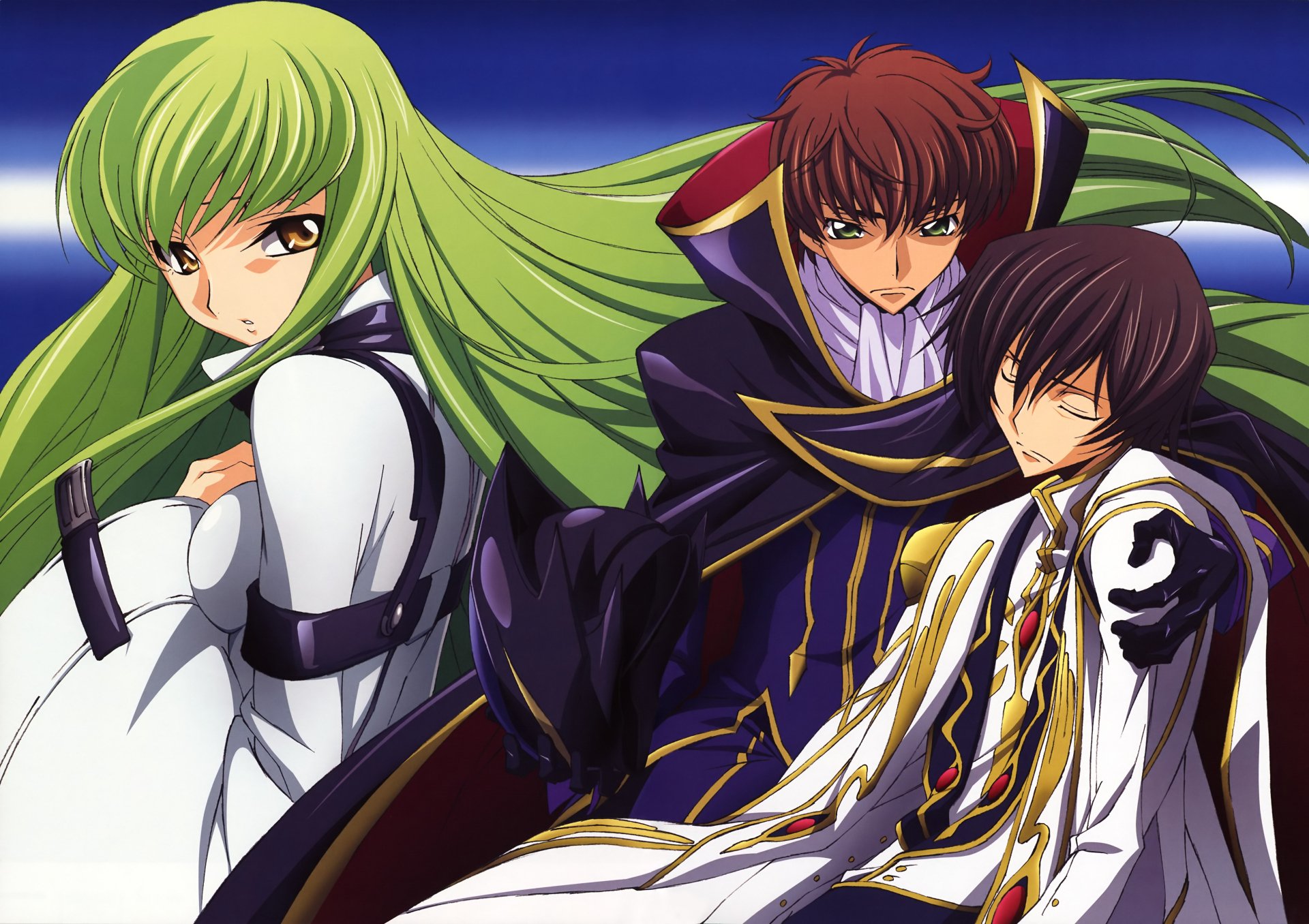 4K Ultra HD PC desktop wallpaper featuring Lelouch Lamperouge, C.C., and Suzaku Kururugi from the anime Code Geass.