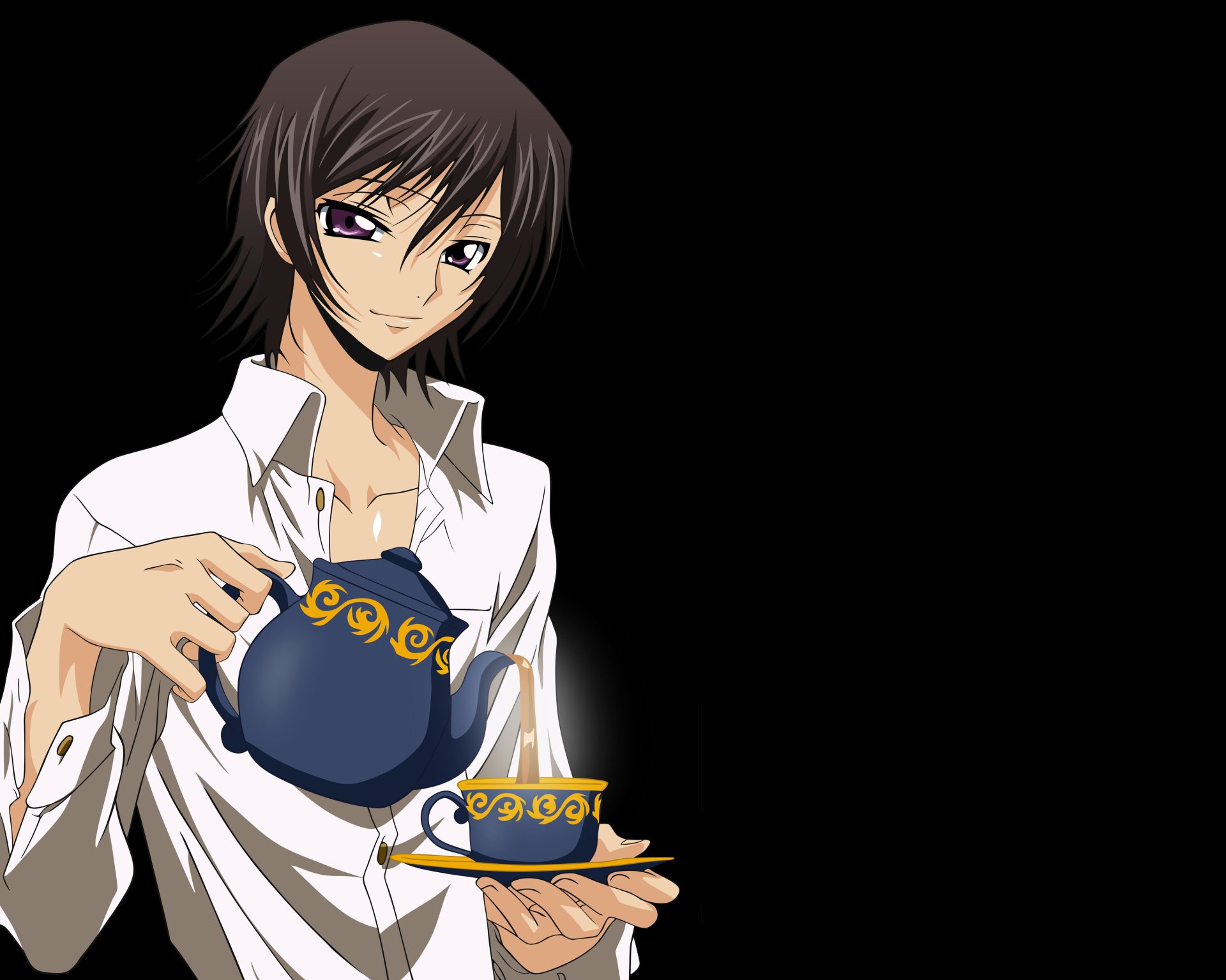 Lelouch Lamperouge (Code Geass) anime 4K Ultra HD PC desktop wallpaper: smirking, white‑shirted Lelouch pouring tea into a patterned cup against a dark background.