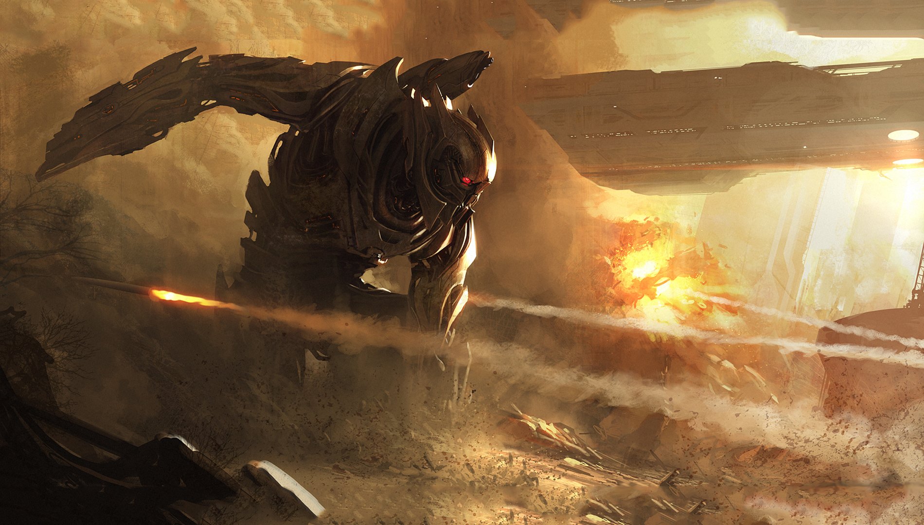 HD PC desktop wallpaper featuring a dramatic sci-fi battle scene with a large robotic creature amidst explosions and smoke on a war-torn landscape.