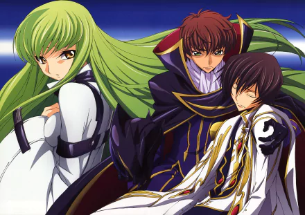 4K Ultra HD PC desktop wallpaper featuring Lelouch Lamperouge, C.C., and Suzaku Kururugi from the anime Code Geass.