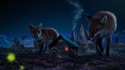A mystical night scene featuring two large foxes roaming near a small cabin, surrounded by a fantastical landscape and glowing fireflies, showcased in stunning 4K Ultra HD detail.