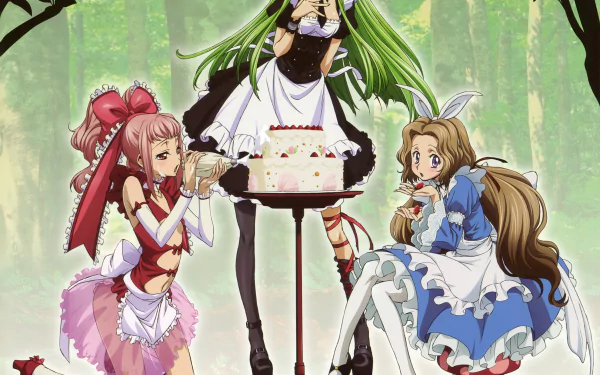 Code Geass anime 4K Ultra HD PC desktop wallpaper: Nunnally Lamperouge, Anya Alstreim and C.C. in maid outfits sharing cake at a small table in a sunlit forest background.