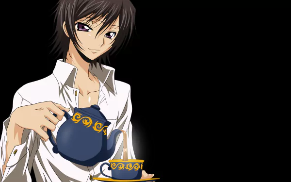 Lelouch Lamperouge (Code Geass) anime 4K Ultra HD PC desktop wallpaper: smirking, white‑shirted Lelouch pouring tea into a patterned cup against a dark background.