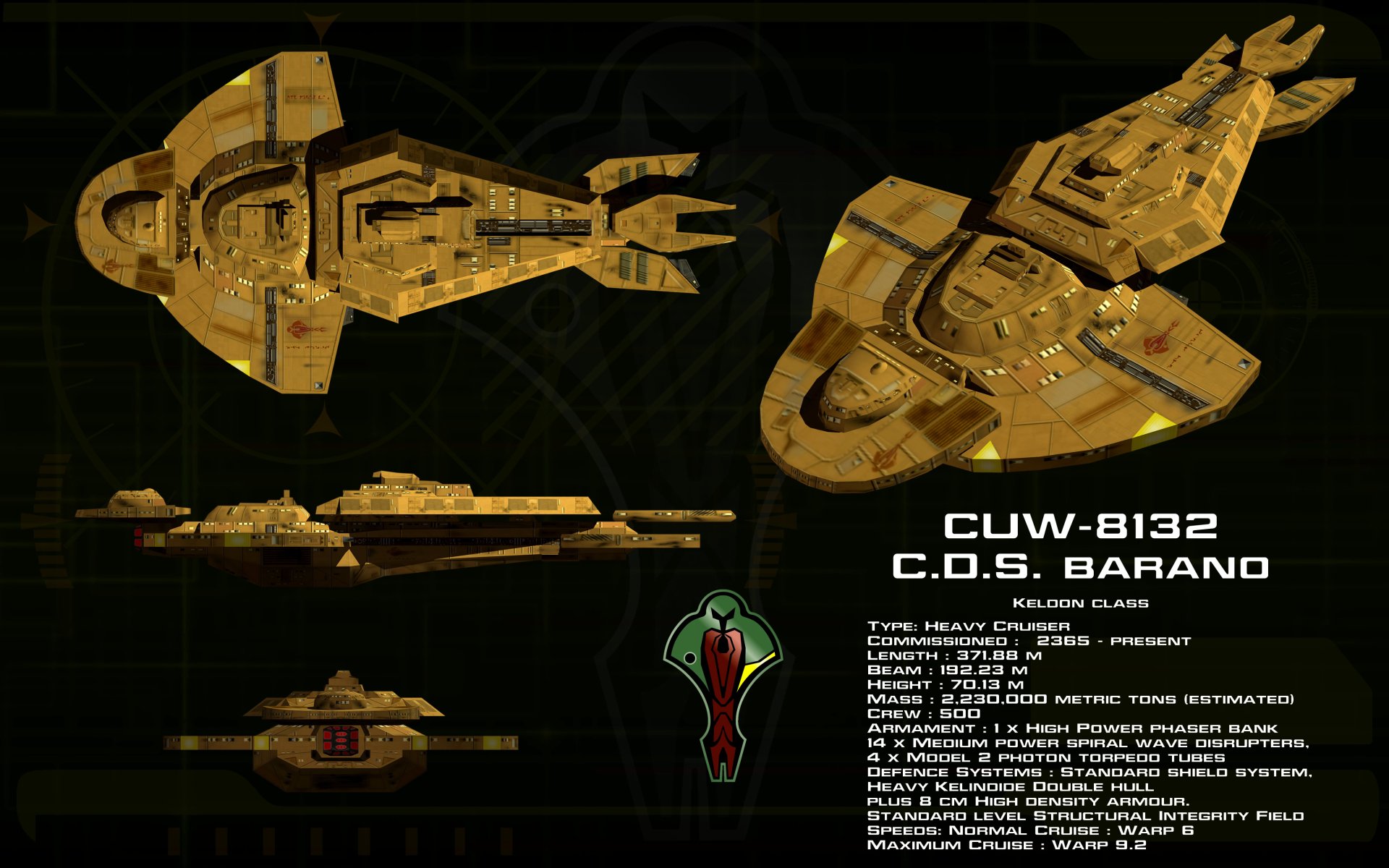 4K Ultra HD PC desktop wallpaper: sci‑fi Star Trek–style golden C.O.S. Barano starship schematics with multiple views, technical readouts and insignia on a dark, grid-like background.