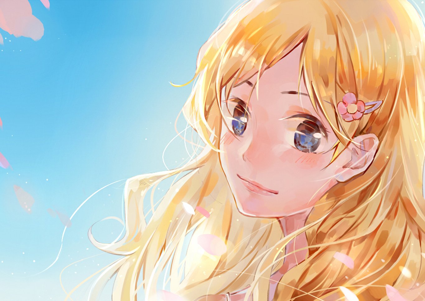 A vibrant HD wallpaper featuring Kaori Miyazono from the anime Your Lie in April, showcasing her serene expression and flowing blonde hair against a bright blue background.