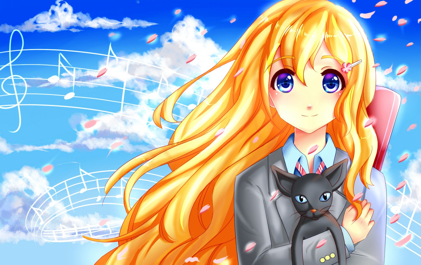 A vibrant HD wallpaper featuring Kaori Miyazono from Your Lie in April, with flowing blonde hair, a cat in her arms, and musical notes against a bright sky backdrop.