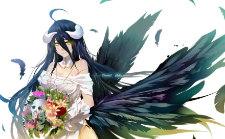 A stunning HD wallpaper featuring Albedo from Overlord, depicted with elegant dark wings and a bouquet of flowers, showcasing the intricate details of this anime character.