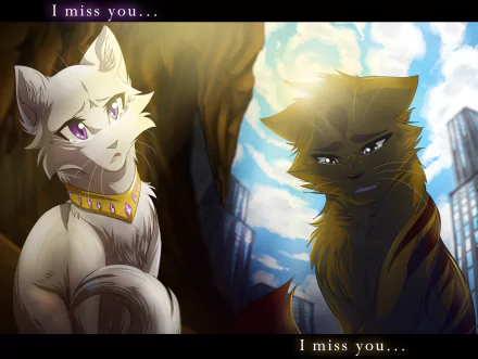 HD fantasy desktop wallpaper depicting two expressive fantasy cats against a glowing urban and natural backdrop, blending animal and magical elements.