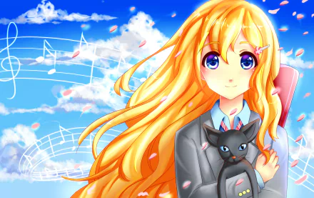 A vibrant HD wallpaper featuring Kaori Miyazono from Your Lie in April, with flowing blonde hair, a cat in her arms, and musical notes against a bright sky backdrop.