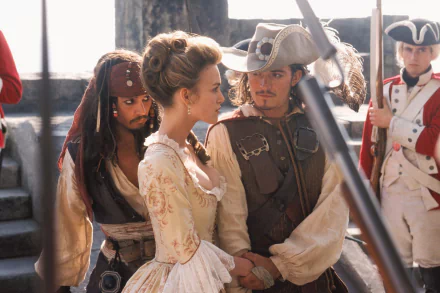 Will Turner Orlando Bloom Elizabeth Swann Keira Knightley Jack Sparrow Johnny Depp movie Pirates Of The Caribbean: The Curse Of The Black Pearl HD Desktop Wallpaper | Background Image