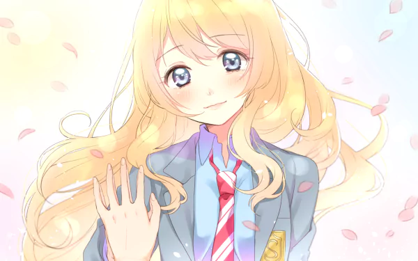 A serene HD wallpaper featuring Kaori Miyazono from the anime Your Lie in April, with flowing blonde hair and a warm smile amidst falling petals.