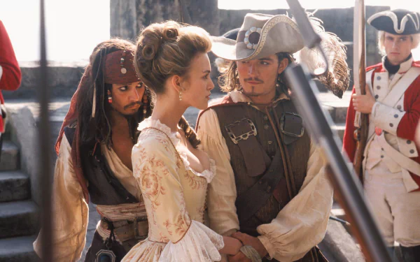 Will Turner Orlando Bloom Elizabeth Swann Keira Knightley Jack Sparrow Johnny Depp movie Pirates Of The Caribbean: The Curse Of The Black Pearl HD Desktop Wallpaper | Background Image