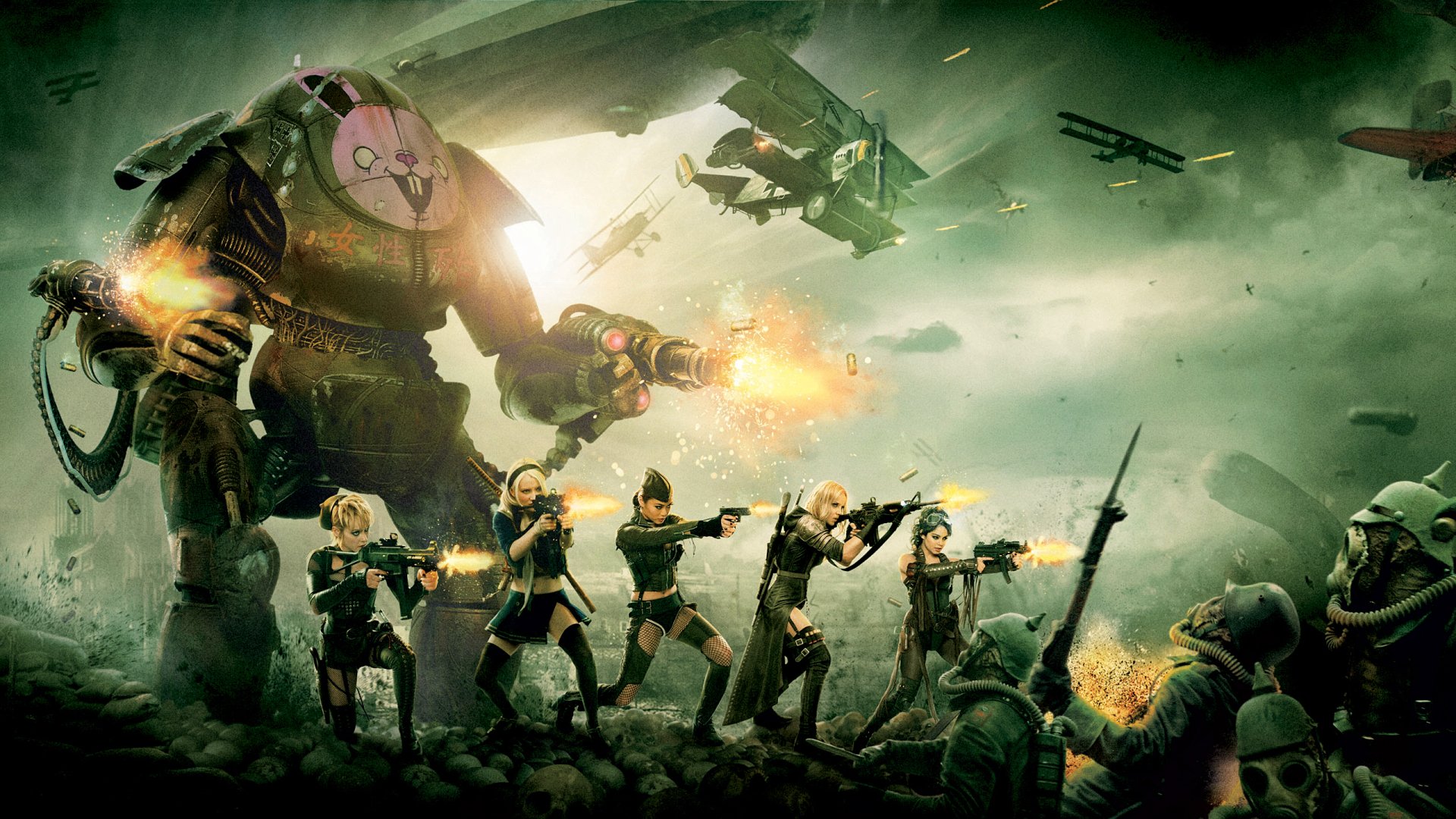 2K Quad HD PC wallpaper of Sucker Punch: five stylized female warriors firing weapons amid war machines and aircraft over a smoky, explosive battlefield.