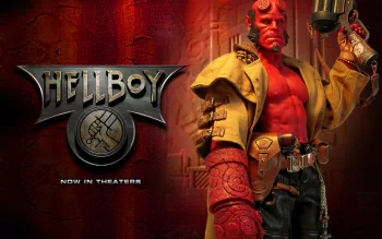 High-definition wallpaper featuring a detailed figurine of Hellboy from the 2004 movie, set against a bold, textured background with the film's logo.