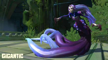 HD wallpaper of an animated character with tentacles from the game Gigantic, posed dynamically in a lush environment.