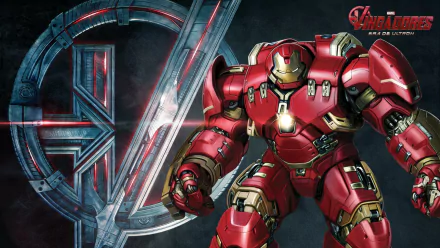 A striking HD desktop wallpaper featuring the Hulkbuster suit from Iron Man, set against the Avengers: Age of Ultron logo, showcasing vibrant colors and dynamic design.